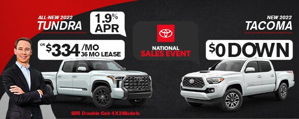 All-New 2022 Tundra 1.9% APR OR $334/mo for 36mo lease New 2022 Tacoma $0 Down