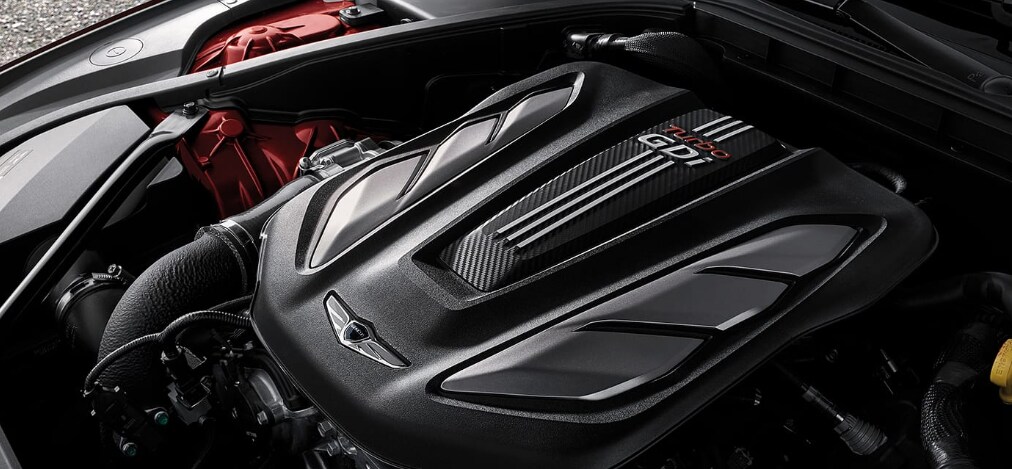 2020 Genesis G80 3.3L GDI Twin Turbo V6 Engine A view under the hood of the 3.3L 2020 Genesis G80, exposing its GDI Twin Turbo V6 Engine