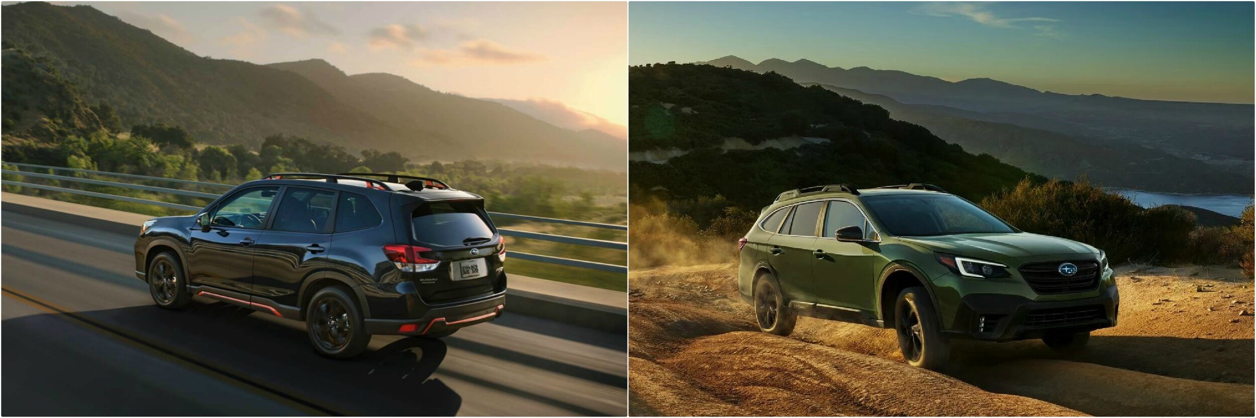 2020-subaru-forester-vs-outback-exterior.jpg A Subaru Forester and Outback driving away