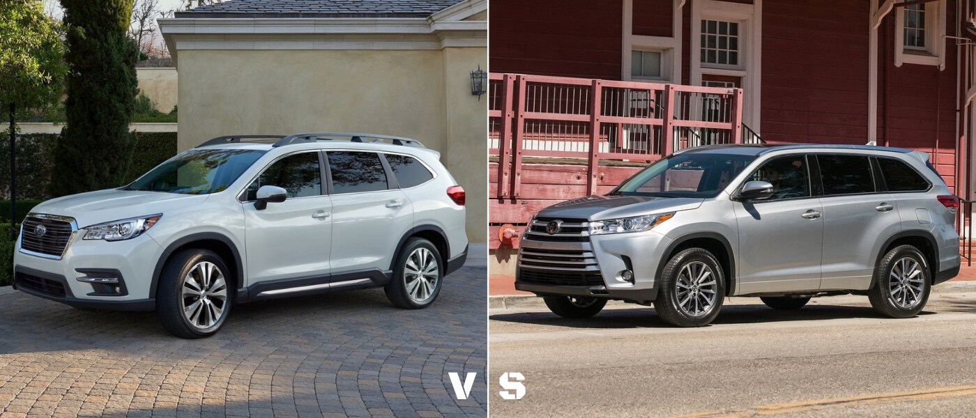 Used 2019 Subaru Ascent vs. Toyota Highlander Comparison.png Exterior comparison of a used 2019 Subaru Ascent and a used Toyota Highlander