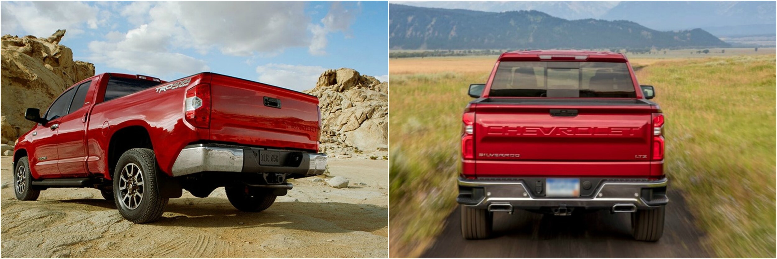 2018-toyota-tundra-vs-2018-chevy-silverado-bumper.jpg back views of a 2018 Toyota Tundra and Chevy Silverado
