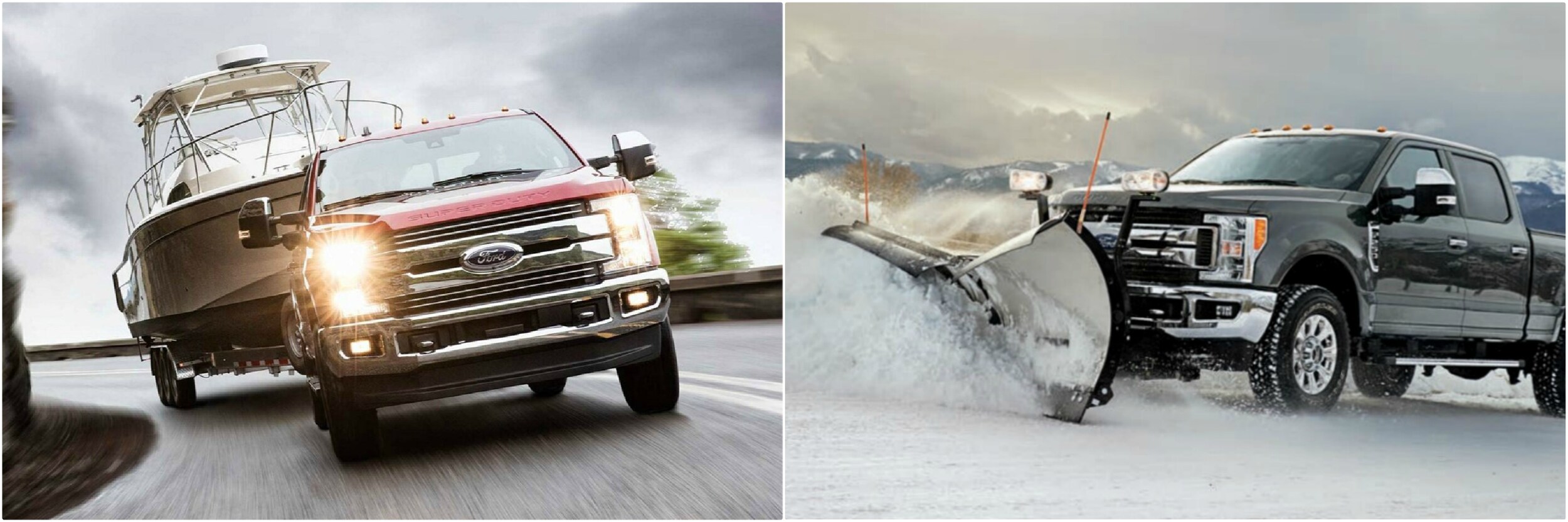 2019-ford-superduty-vs-2018-ford-superduty-performance.jpg a used Ford Super Duty towing a boat next to a used Ford Super Duty plowing heavy snow