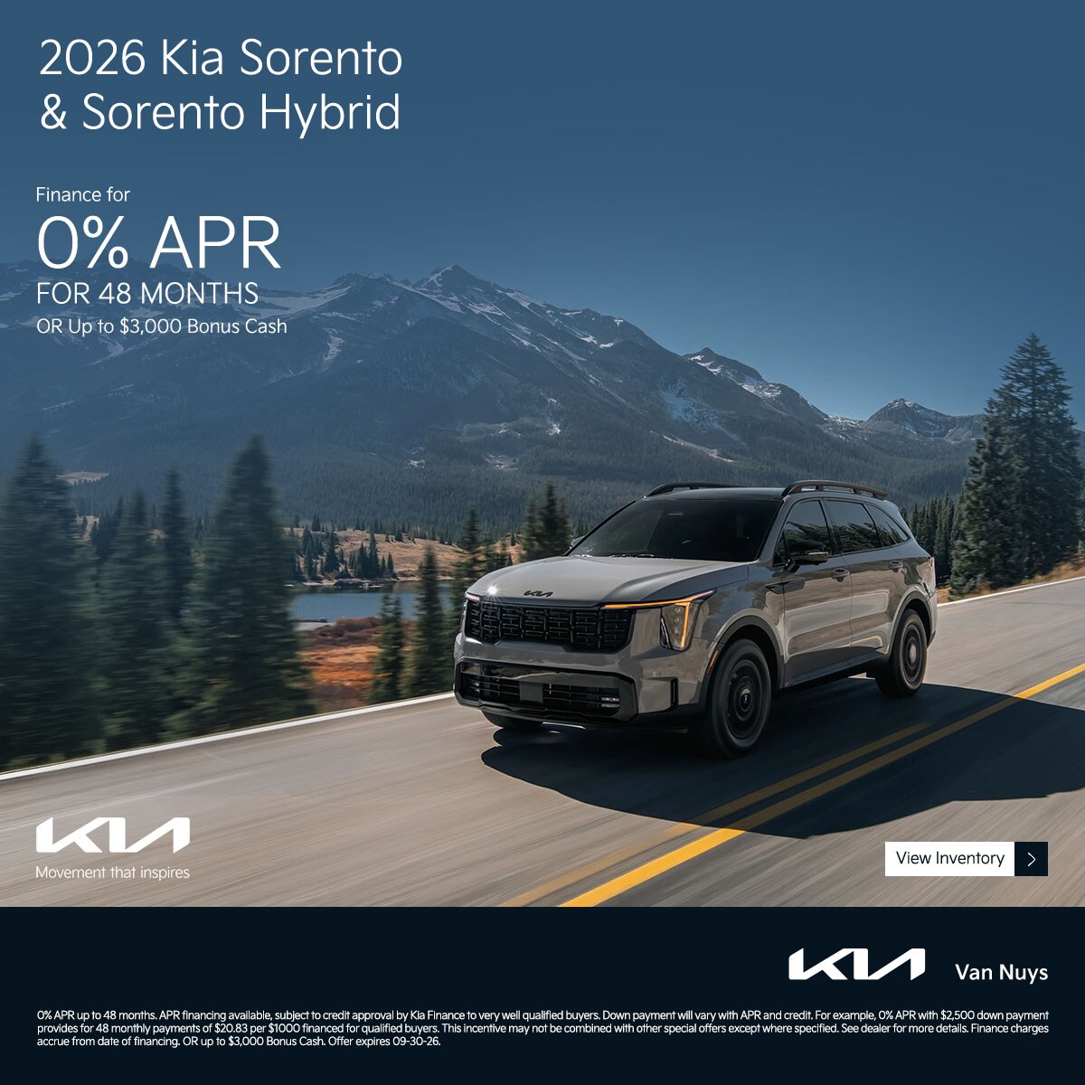 SEP2026_Slider_New_EV_Kia_Sorento%20%26%20Sorento%20Hybrid_2026_Offer_APR%20%26%20Bonus%20Cash_1200x1200_09-30-2026.jpg