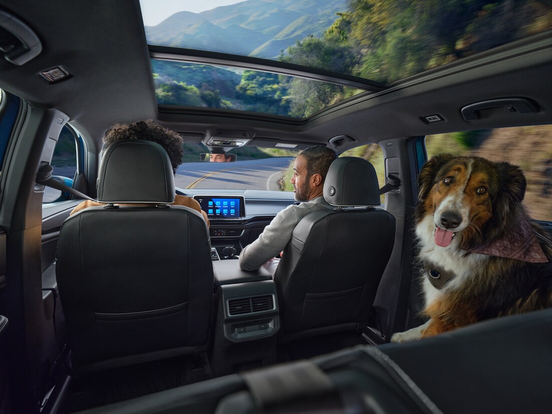2024-Volkswagen-AtlasCrossSport-SEL-SUV-I01.png Volkswagen Atlas Cross Sport SUV interior, facing the rear driver and passenger seat, with a dog in the second row