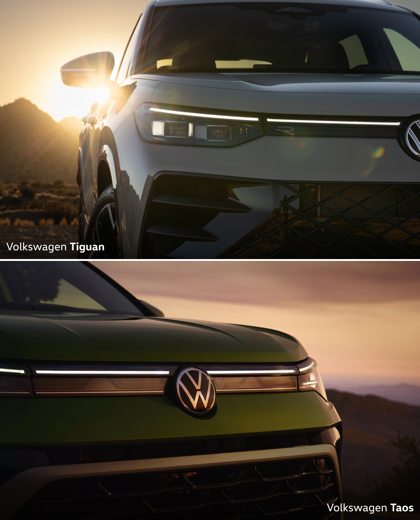 2025 VW Tiguan SEL R-Line shown in Sandstone on a sunny day up top and a closeup of the grille and emblem on a 2025 VW Taos SEL with shown in Bright Moss Green