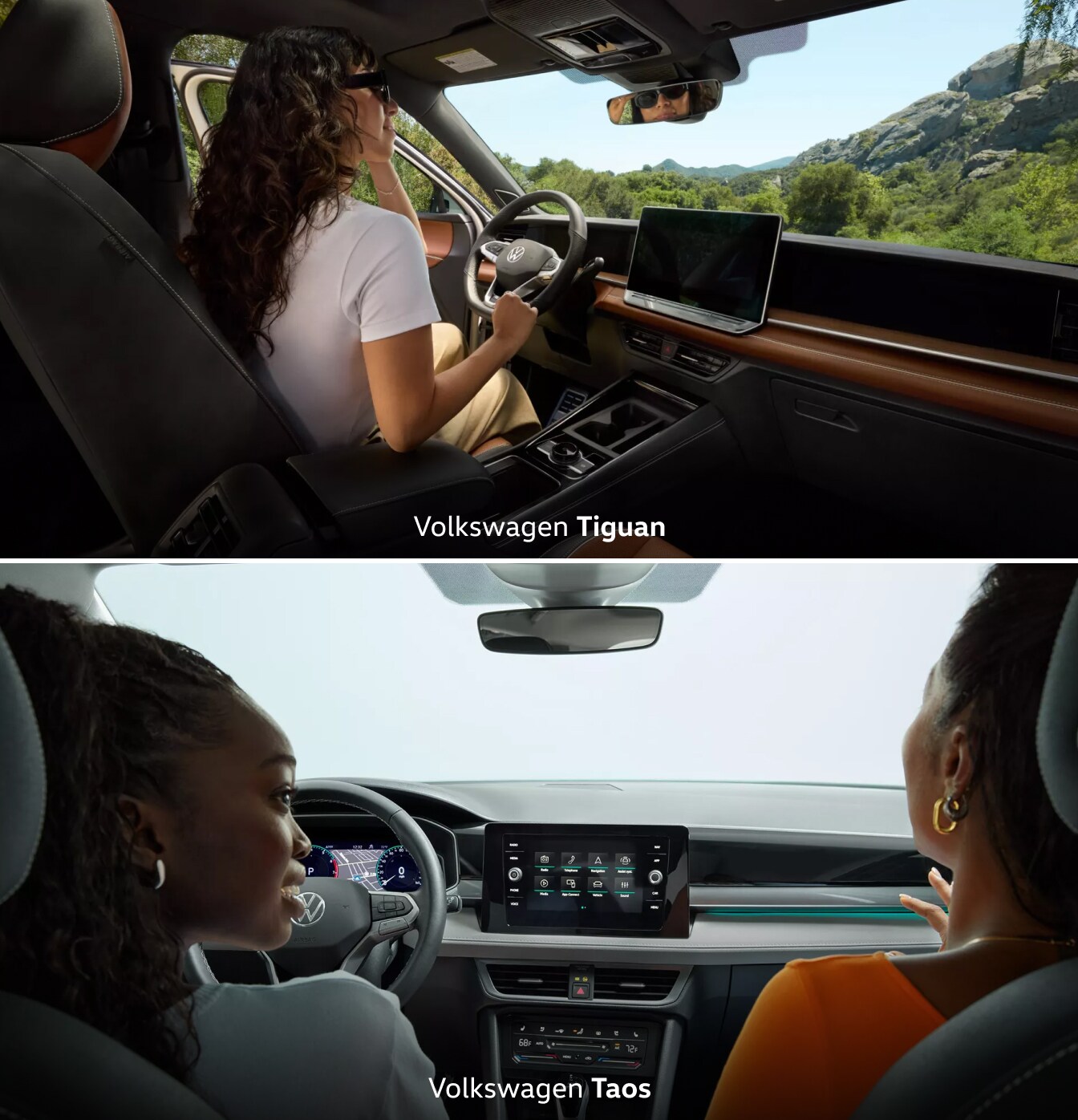 Interior shots of women in the front seat of the 2025 Volkswagen Tiguan & 2025 Volkswagen Taos