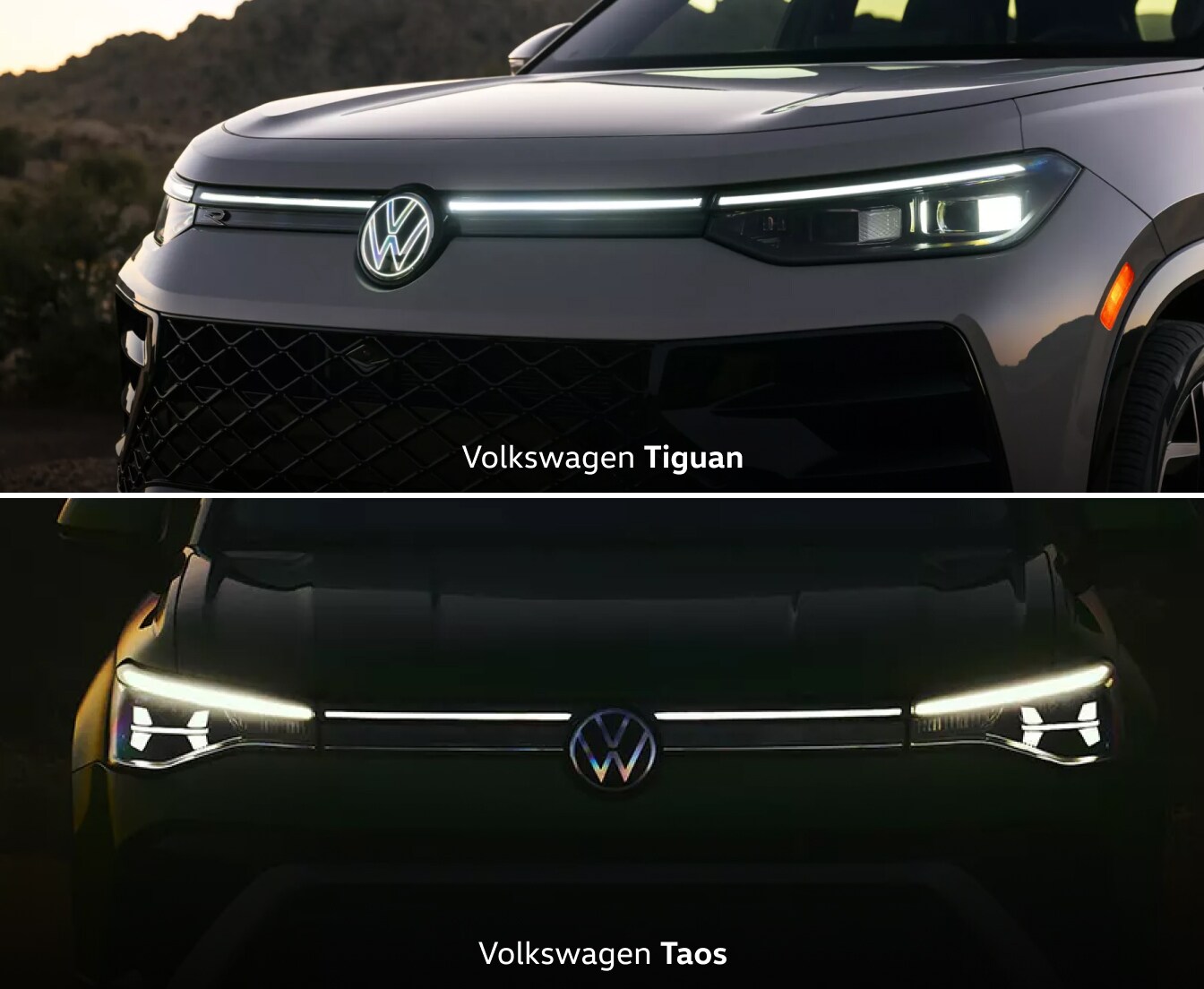 Close-up images of the grille and emblem of a 2025 Volkswagen Tiguan up top and 2025 Volkswagen Taos SEL on bottom
