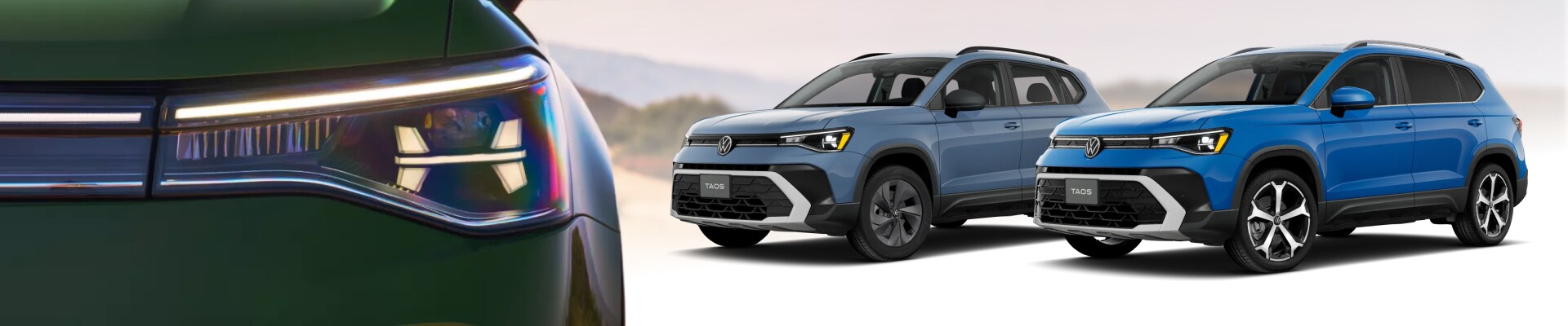 Close-up on one headlight of the 2026 Volkswagen Taos and two VW Taos SUVs parked side-by-side in the background