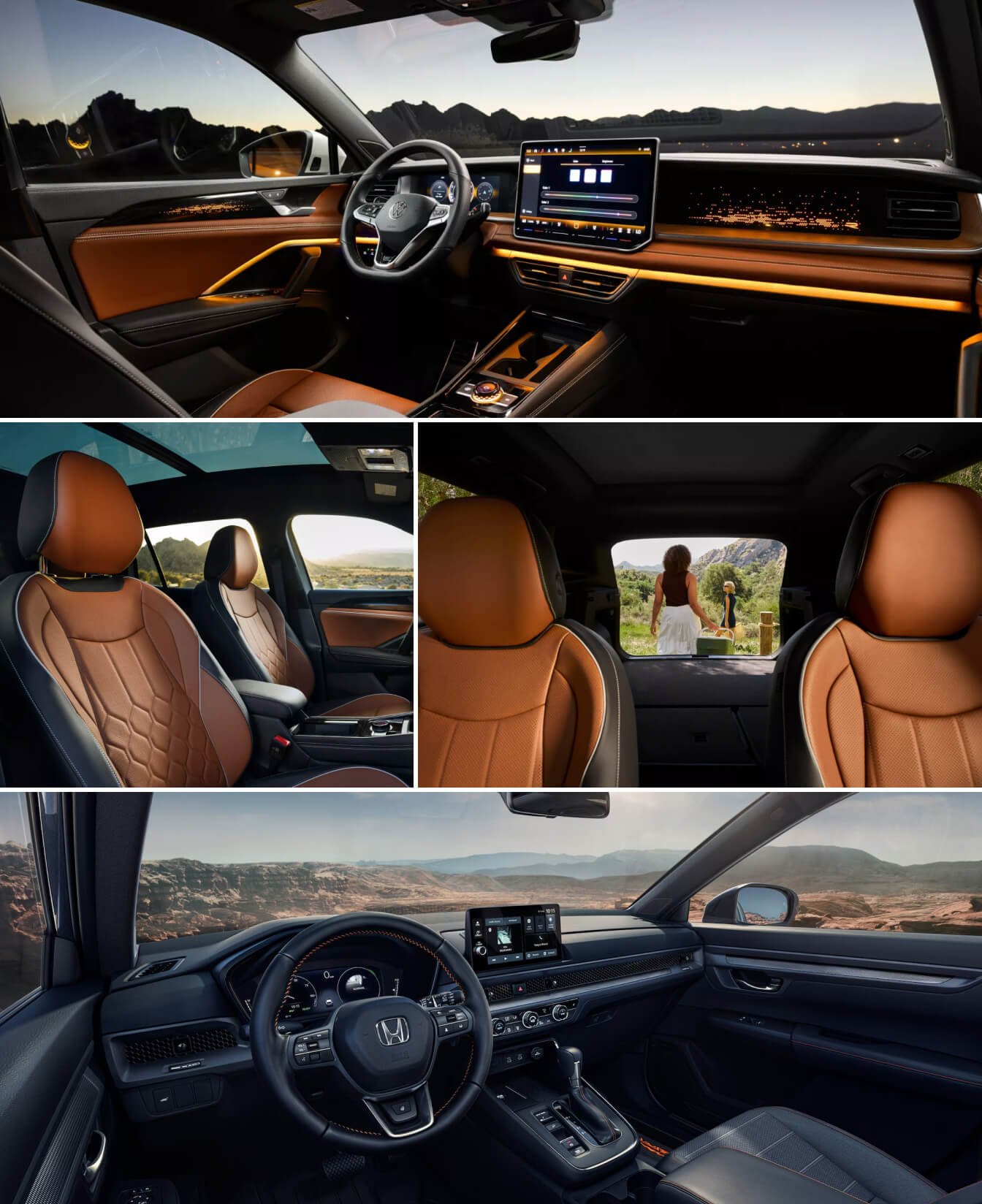 Interior views of VW Tiguan SEL R-Line Turbo and Honda CR-V TrailSport Hybrid