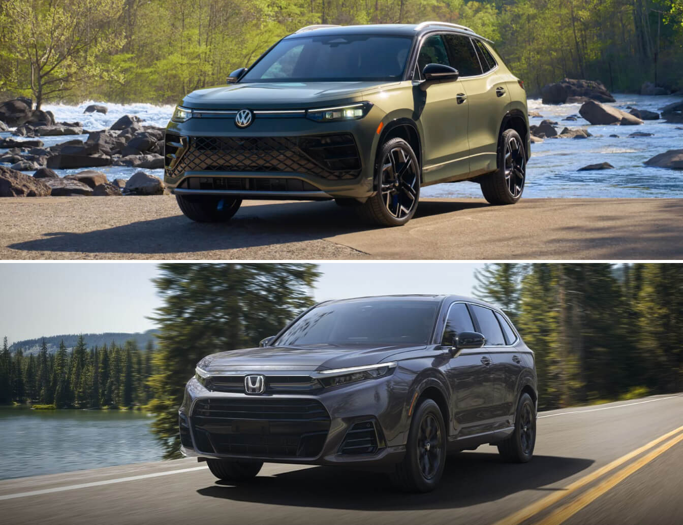 A green VW Tiguan parked riverside and a gray Honda CR-V driving down a lakeside road