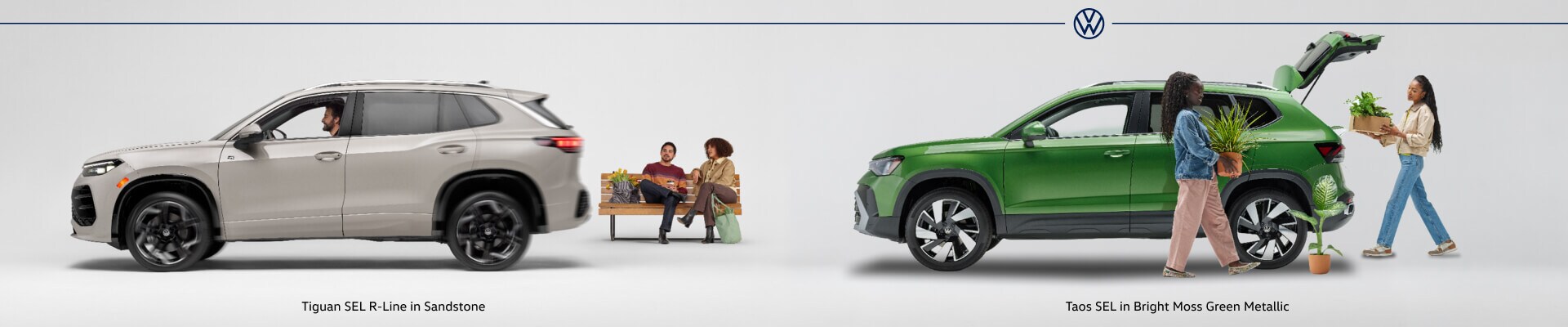 Side profiles of a Volkswagen Tiguan SEL R-Line and a Taos SEL in alongside people in a studio setting.