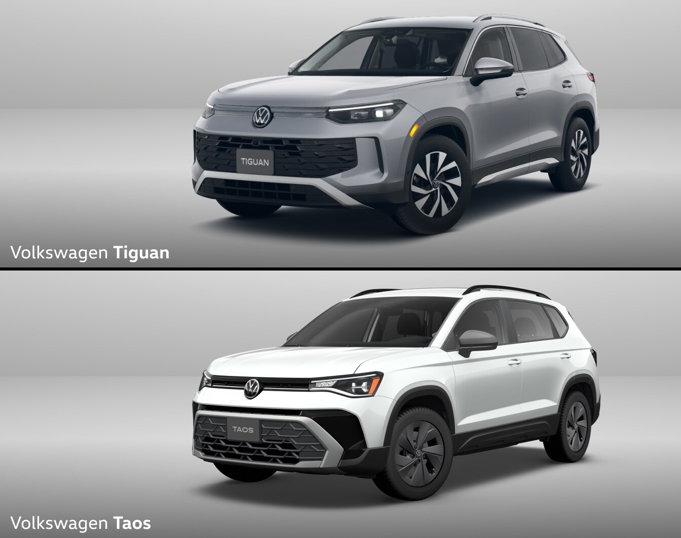 2025 VW Tiguan S in Pyrite Silver Metallic on top and a 2025 VW Taos S in Pure White on bottom