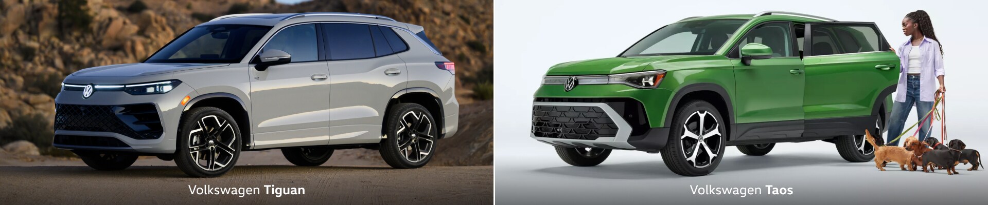 2025 Volkswagen Tiguan SEL R-Line in Sandstone on top and a 2025 Volkswagen Taos SEL in Bright Moss Green on bottom
