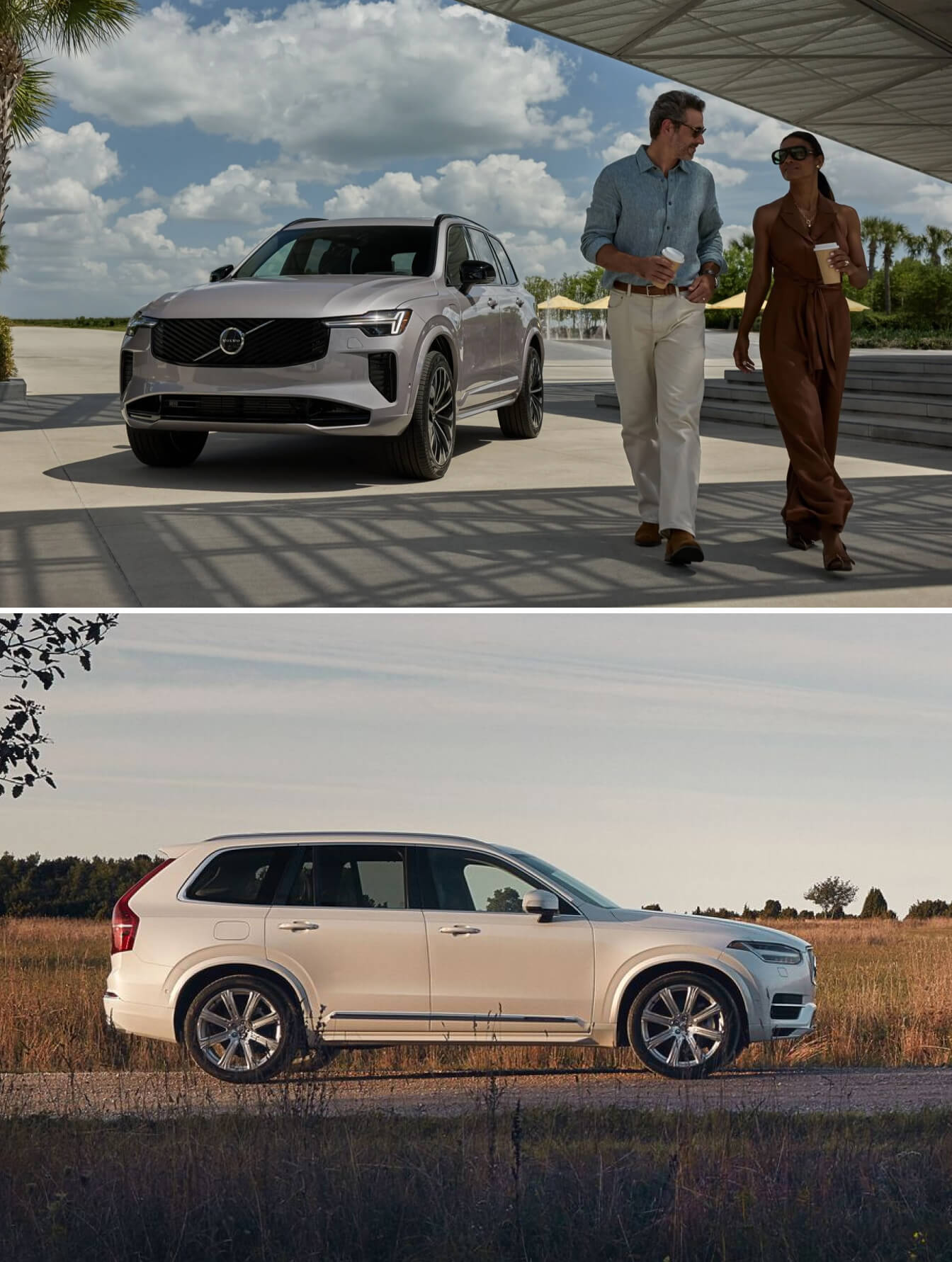 A silver 2026 XC90 parked in an upscale parking lot as a couple walks by. Side view of a white 2026 Volvo XC90 driving down a grassy rural road.