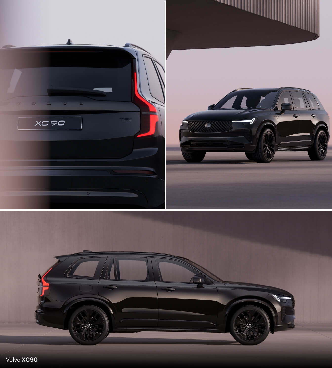 Collage showing rear, front three-quarter, and side profile views of a black Volvo XC90 by a modern building.