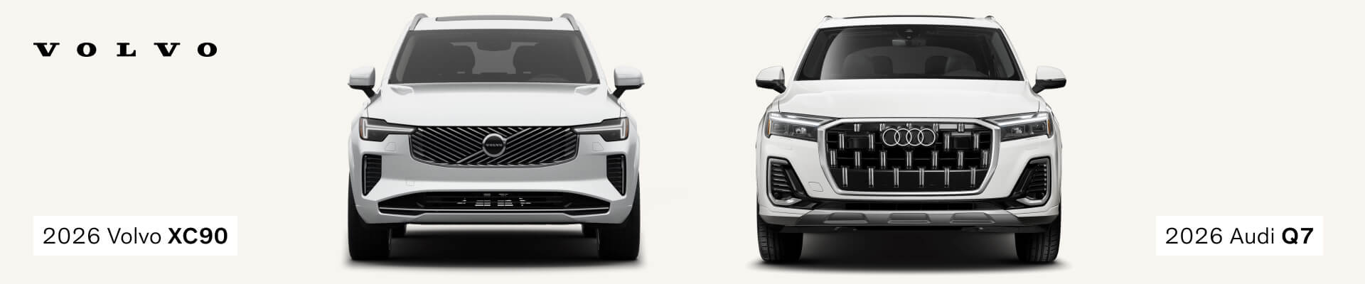 Front view of white 2026 Volvo XC90 and white 2026 Audi Q7 side-by-side against a plain background
