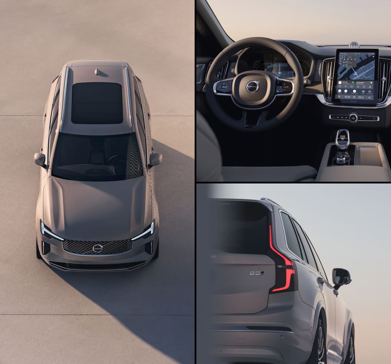 Volvo XC90 shown from above, alongside views of the driver-focused cockpit and rear exterior design.