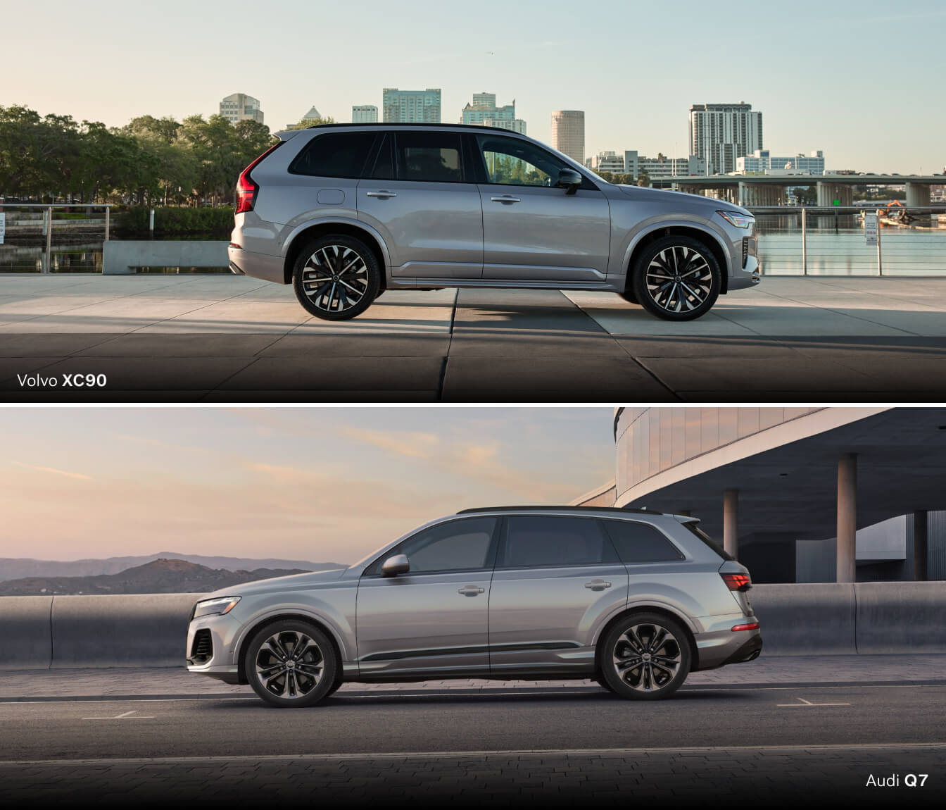 Side profile comparison of silver Volvo XC90 near city skyline and silver Audi Q7.