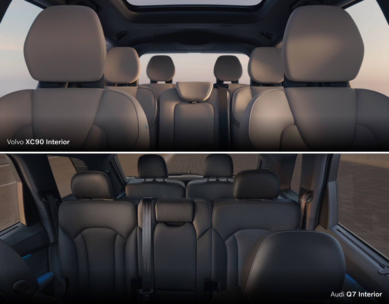 Split view of Interior seating comparison of beige Volvo XC90 and dark charcoal Audi Q7