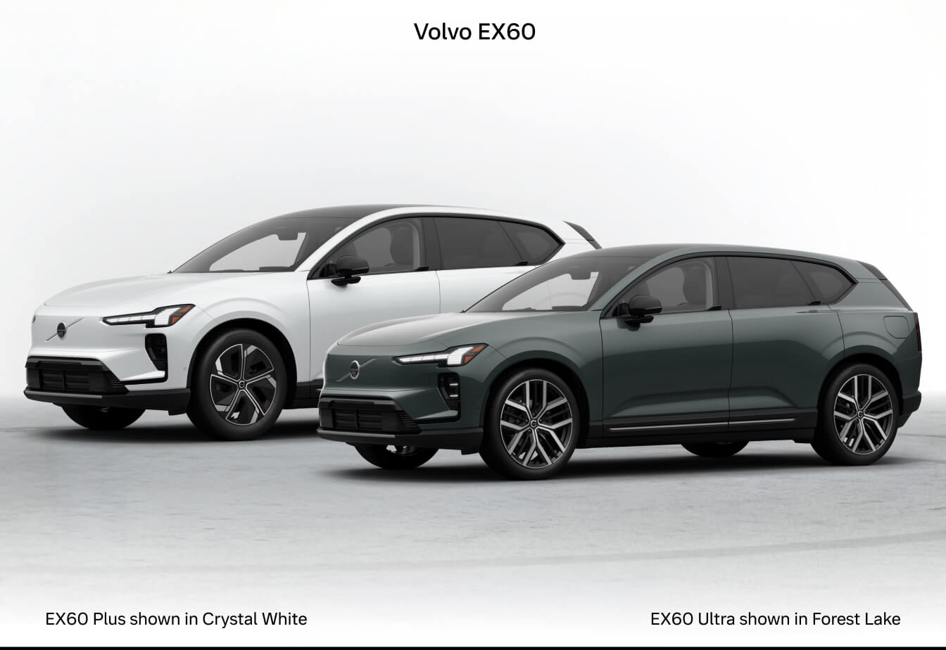 Side-by-side studio view of a 2026 Volvo EX60 Plus in Crystal White elevated behind a 2026 Volvo EX60 Ultra in Forest Lake against a clean white backdrop.