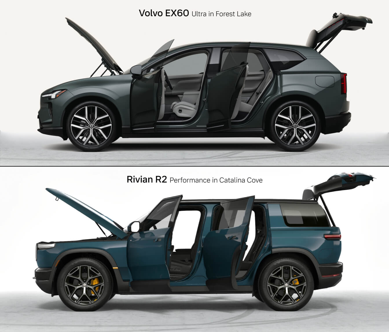 Comparison showing side profile views of a 2026 Volvo EX60 Ultra in Forest Lake and a 2026 Rivian R2 Performance in Catalina Cove.