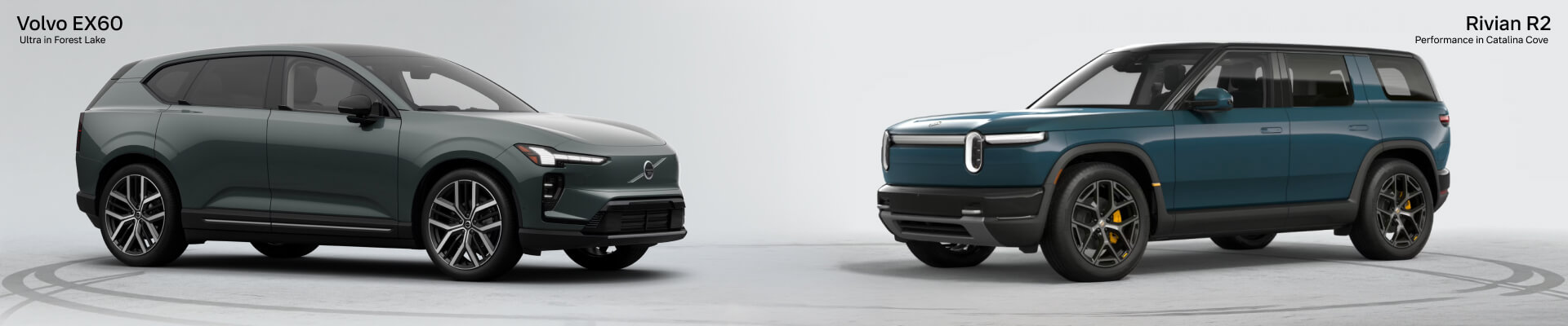 Comparison featuring a 2026 Rivian R2 Performance in Catalina Cove and a 2026 Volvo EX60 Ultra in Forest Lake against a clean studio backdrop.