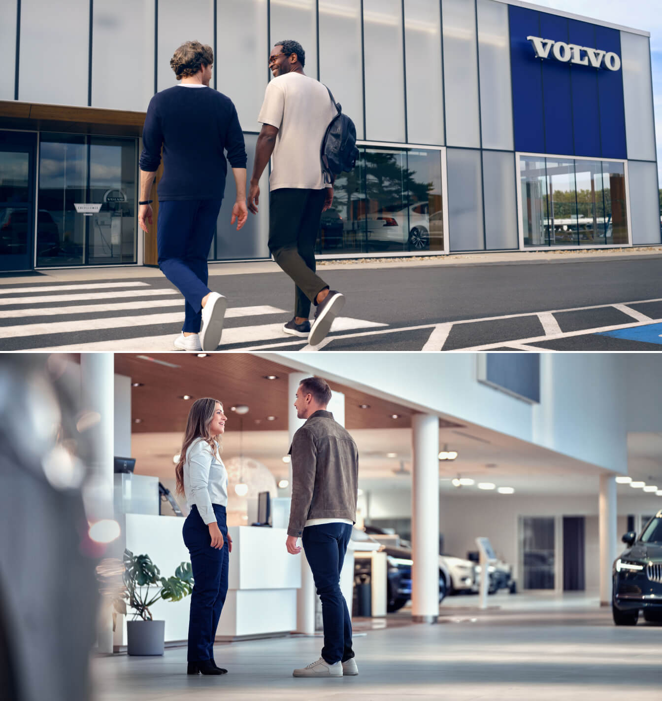 Top: customers walk into a Volvo dealership. Bottom: customer speaks with Volvo staff inside the showroom.