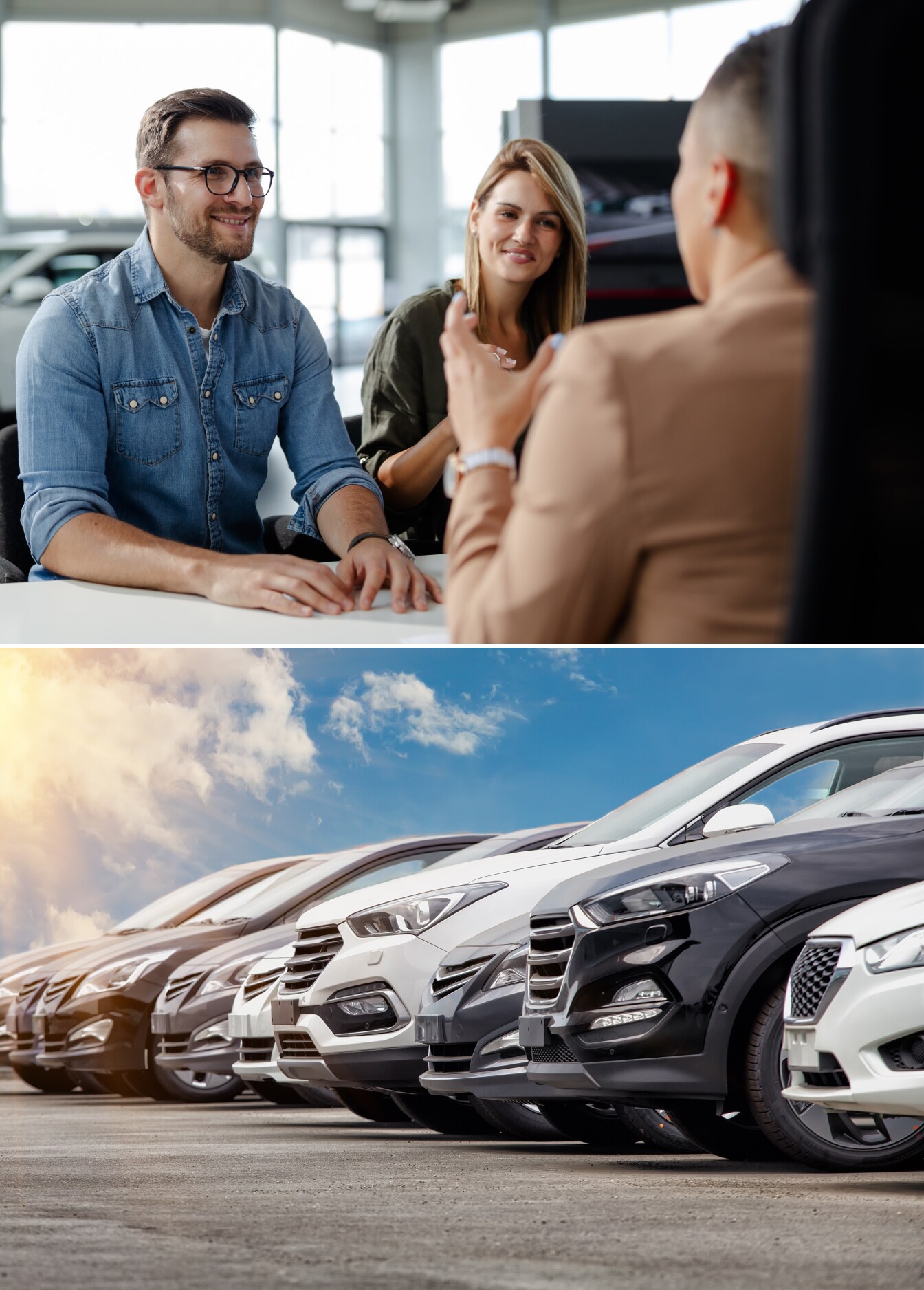Customers speaking with a Volvo Sales Associate with a lineup of Volvo vehicles on the bottom