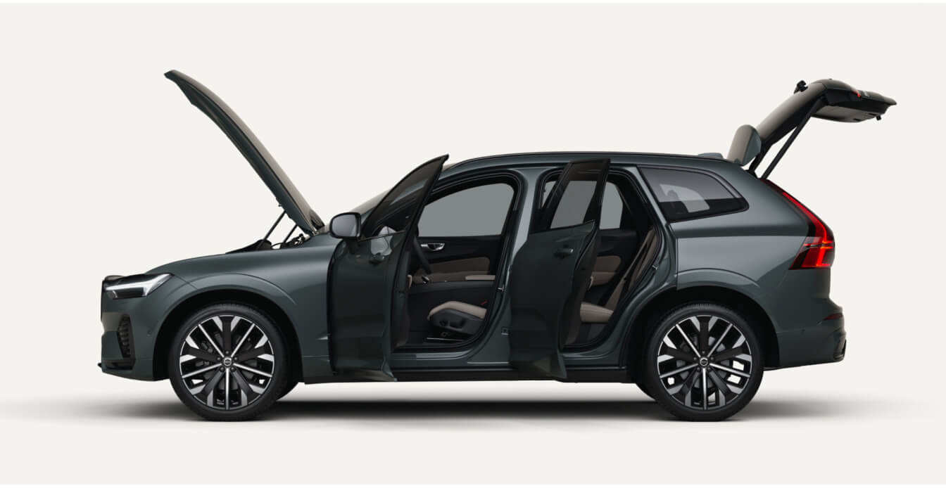Studio profile view of a 2026 Grey Volvo XC60 Ultra with all side doors, the front hood, and the rear tailgate open.