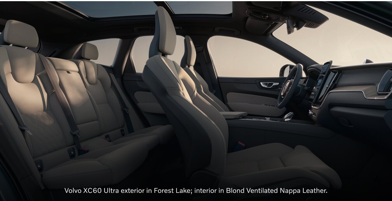 Interior side view of a 2026 Volvo XC60 Ultra showcasing premium ventilated nappa leather.
