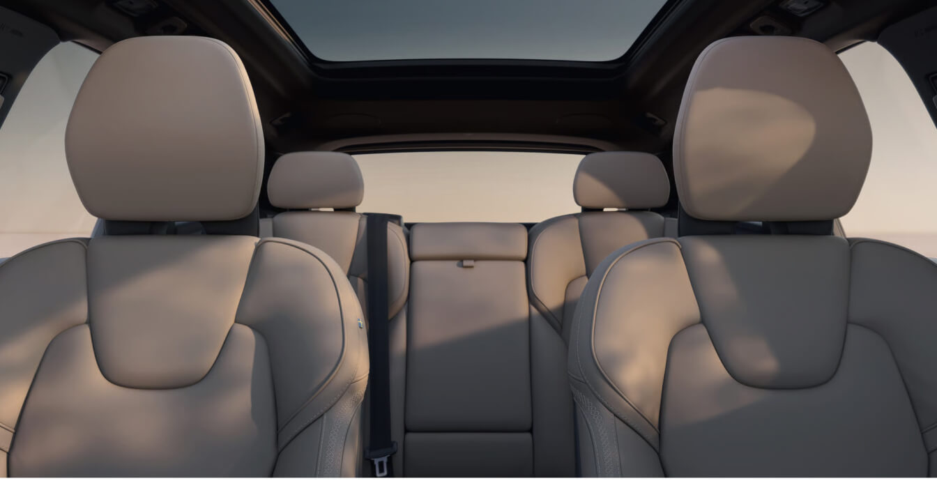 Interior rear-facing view from the front row of a 2026 Volvo XC60 Ultra showcasing second-row seating.