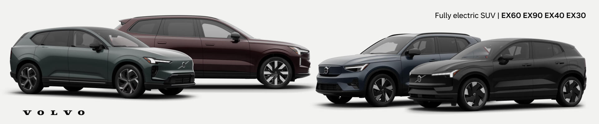 Front three-quarter view of Volvo electric SUV lineup in various colors against a light background.
