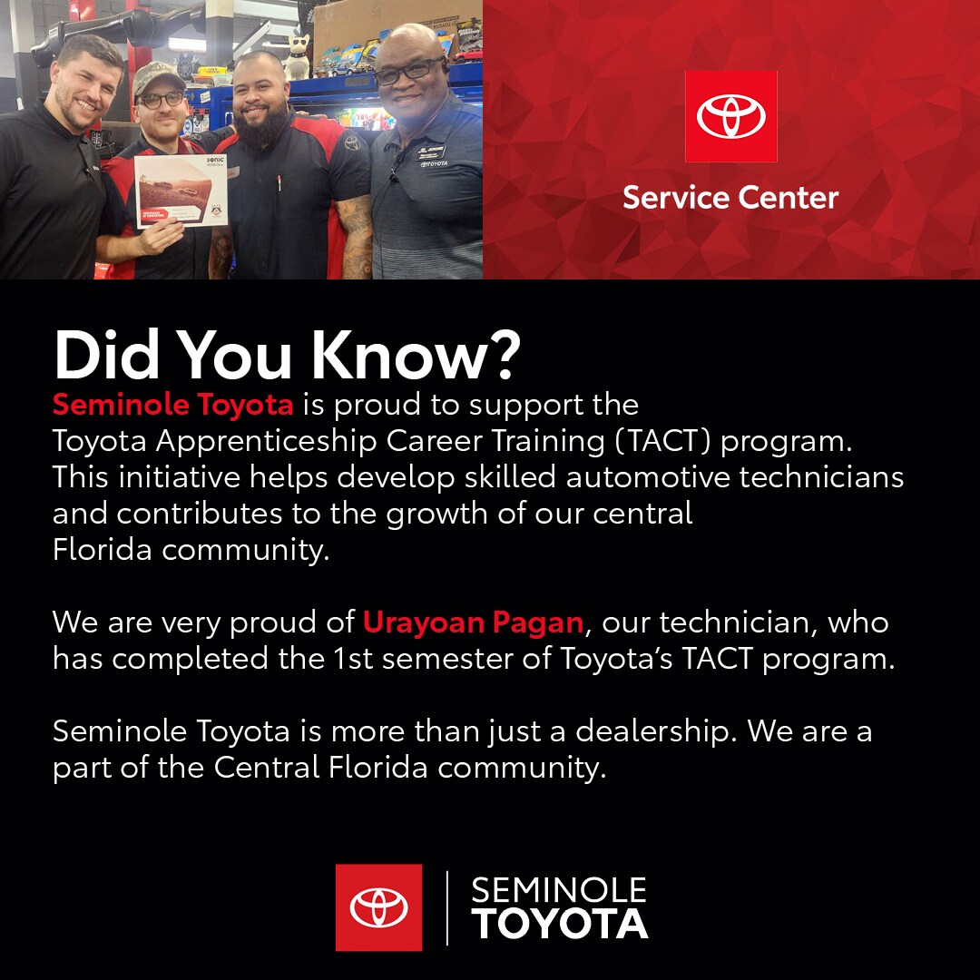 Seminole Toyota is proud to support the Toyota Apprenticeship Career Training program