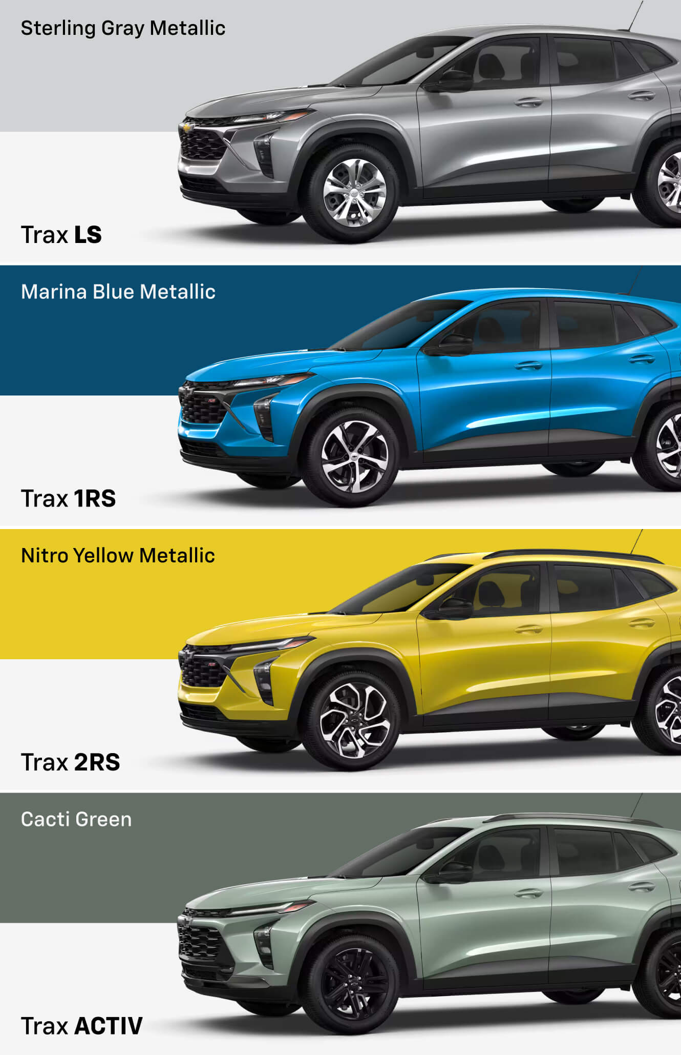 Sterling Gray Metallic, Marina Blue Metallic, Nitro Yellow Metallic & Cacti Green
