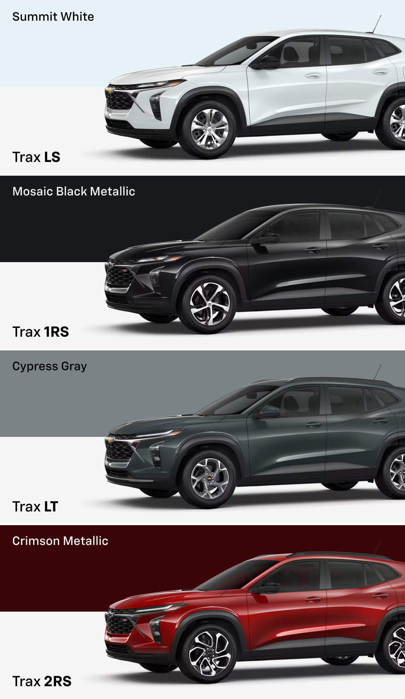 Summit White, Mosaic Black Metallic, Cypress Gray & Crimson Metallic