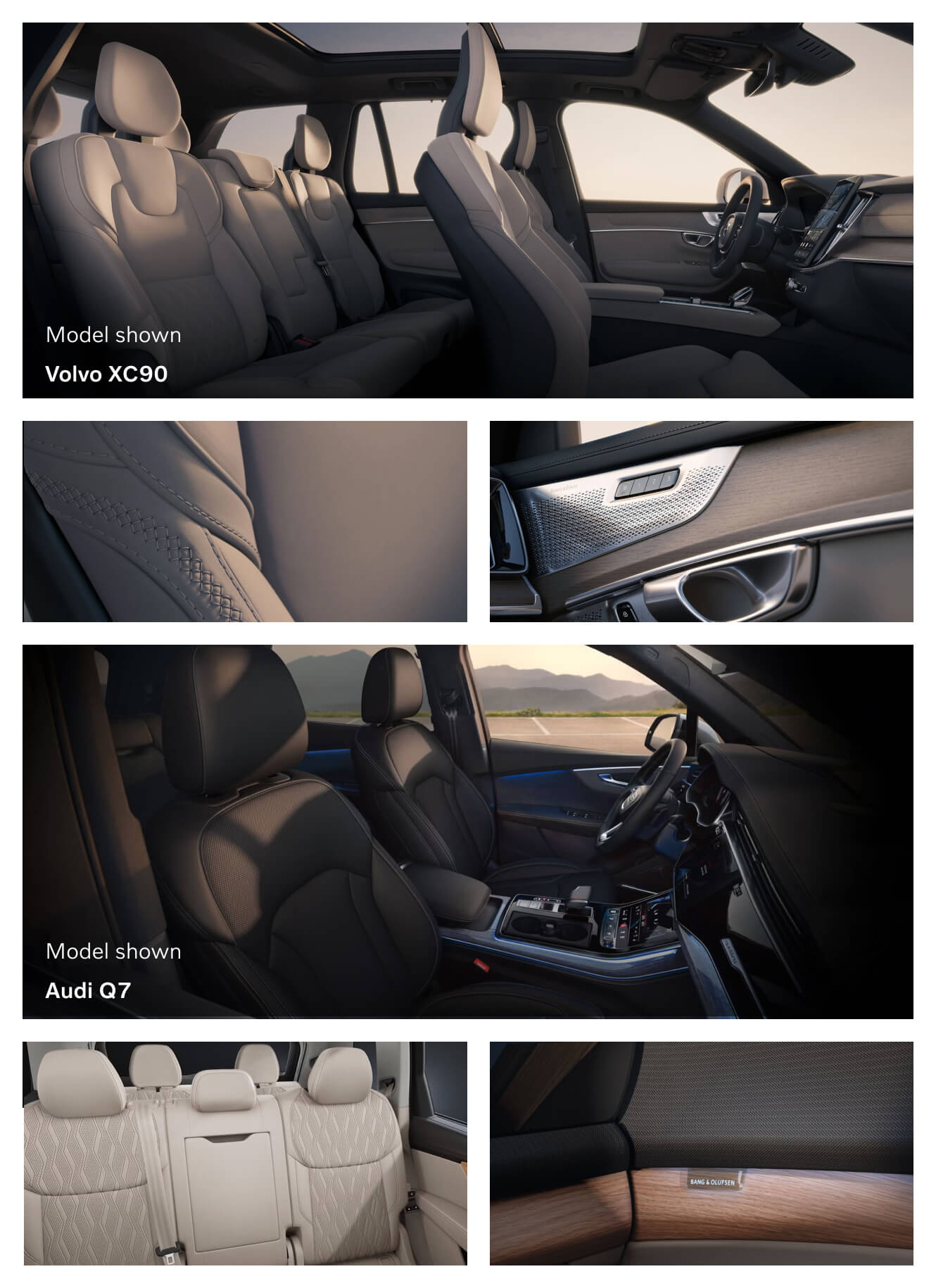 Interior shots showing Volvo XC90 and Audi Q7 trim and upholstery details.