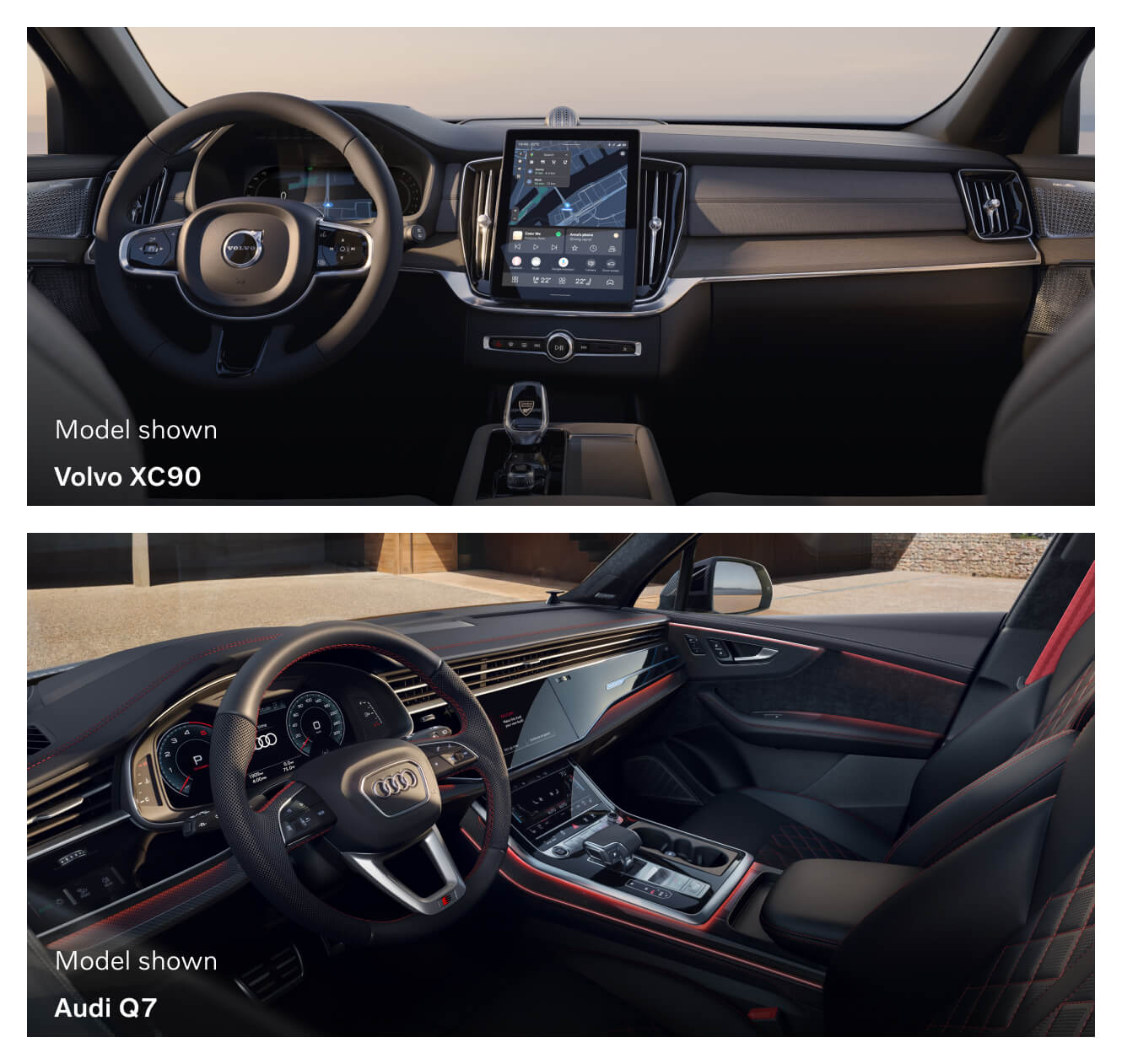 Interior views of Volvo XC90 and Audi Q7 cockpits and driver assist features shown from driver perspective.