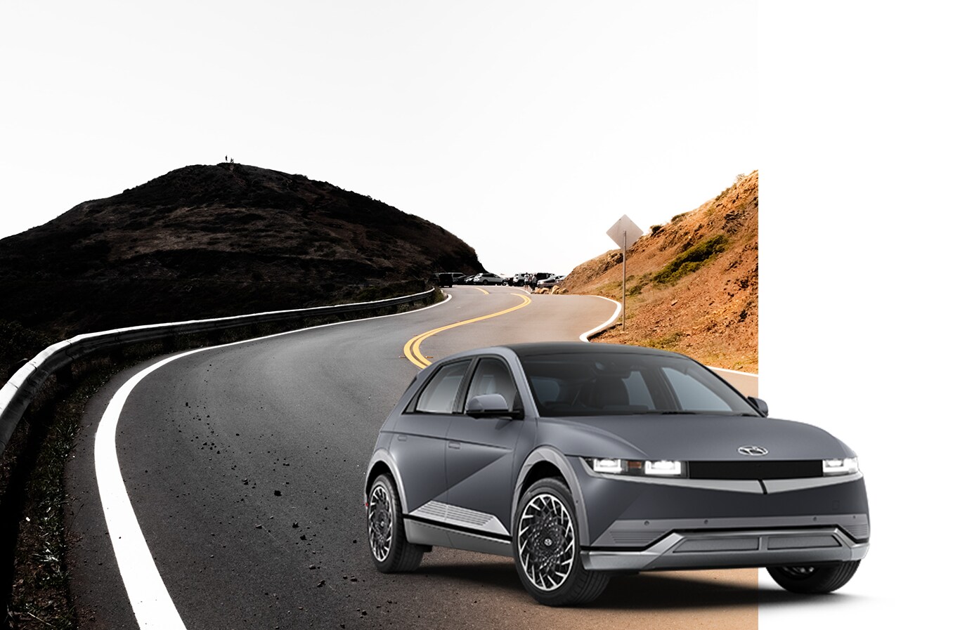 Vehicle Registration Taxes and Fees at West Broad Hyundai in Henrico, VA | Grey 2023 Hyundai Ioniq overlapping a picture of a curvy mountain road