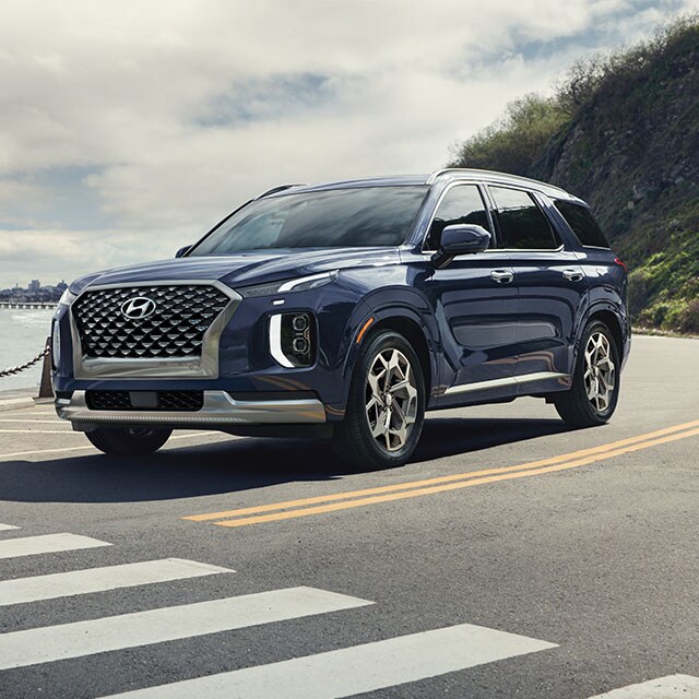Accessories that help keep your Hyundai protected at West Broad Hyundai in Henrico, VA | Hyundai Palisade Calligraphy Stopped at Crosswalk with Hills and Ocean in the Background