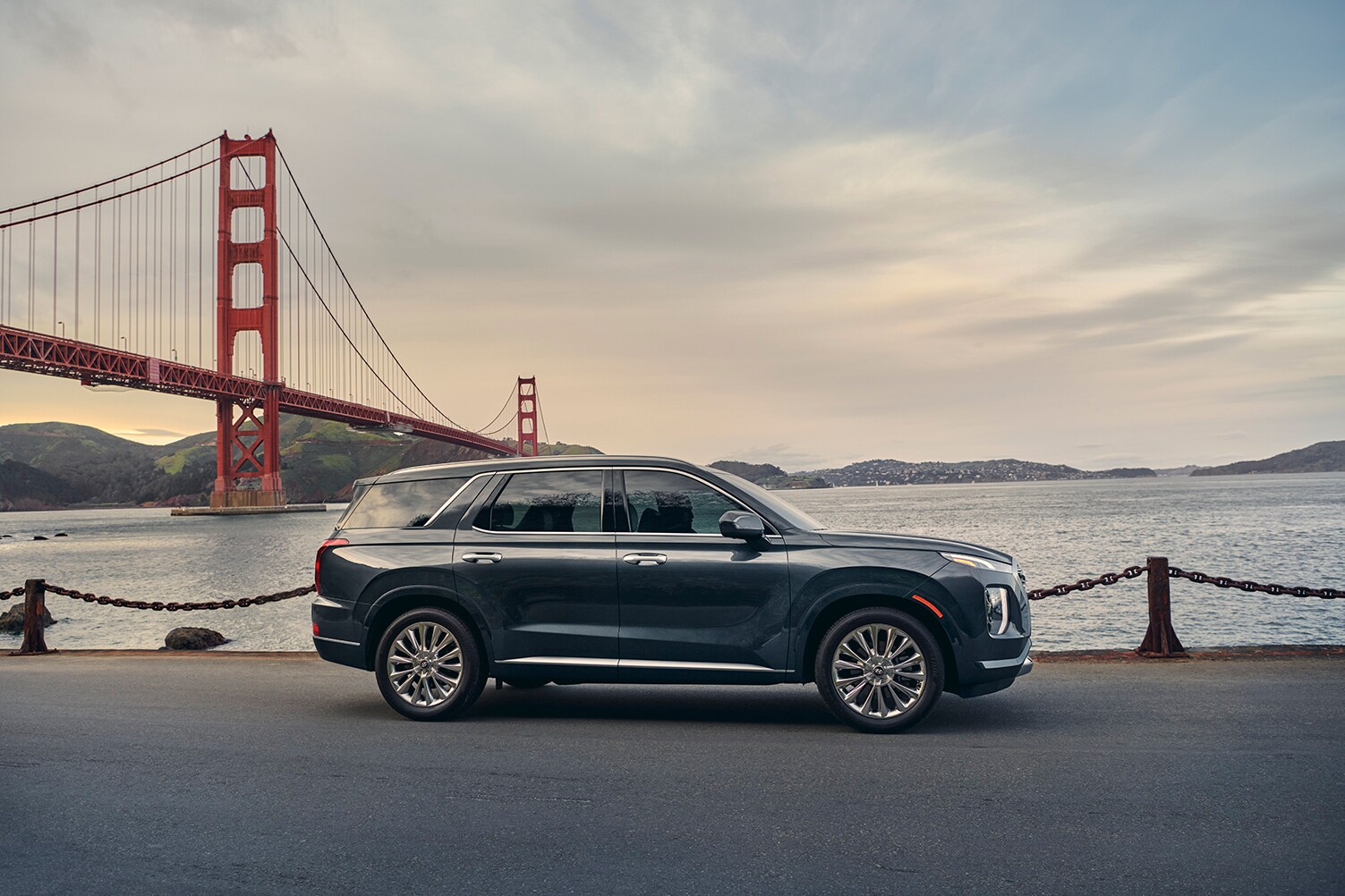 West Broad Hyundai is a Hyundai Dealership in Richmond, VA | 2020 Hyundai Palisade parked near the Golden Gate Bridge