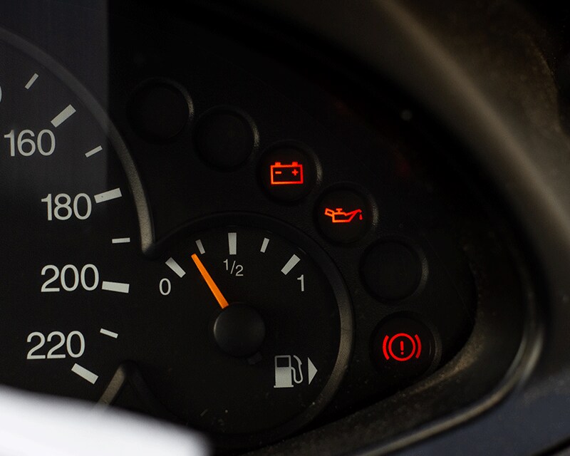 Basic Car Maintenance and Servicing Checklist | West Broad Hyundai | Close Up of Battery Alert, Oil Pressure, and Brake Warning Light lit up on Dashboard