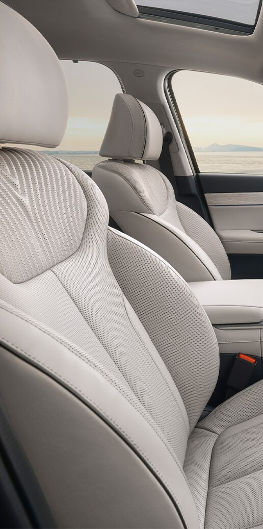Accessories that help keep your Hyundai protected at West Broad Hyundai in Henrico, VA | Close up of leather car seats of a 2023 Hyundai Palisade
