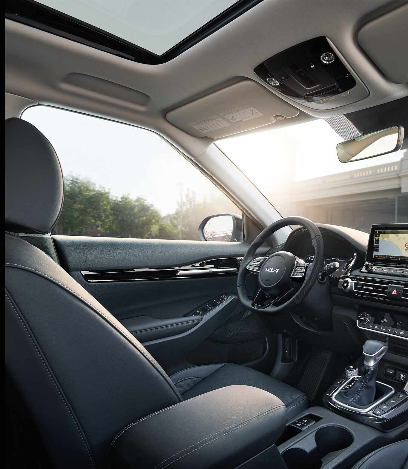 Android Auto vs. Apple CarPlay at West Broad Kia in Henrico, VA | Black leather interior of a Kia Seltos