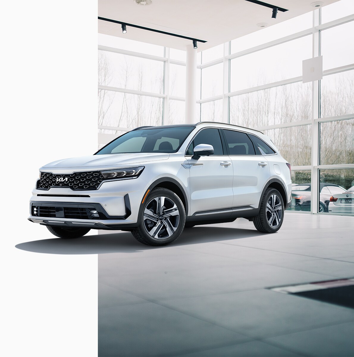 Vehicle Registration Taxes and Fees at West Broad Kia in Henrico, VA | White 2023 Kia Sorento overlapping dealership interior