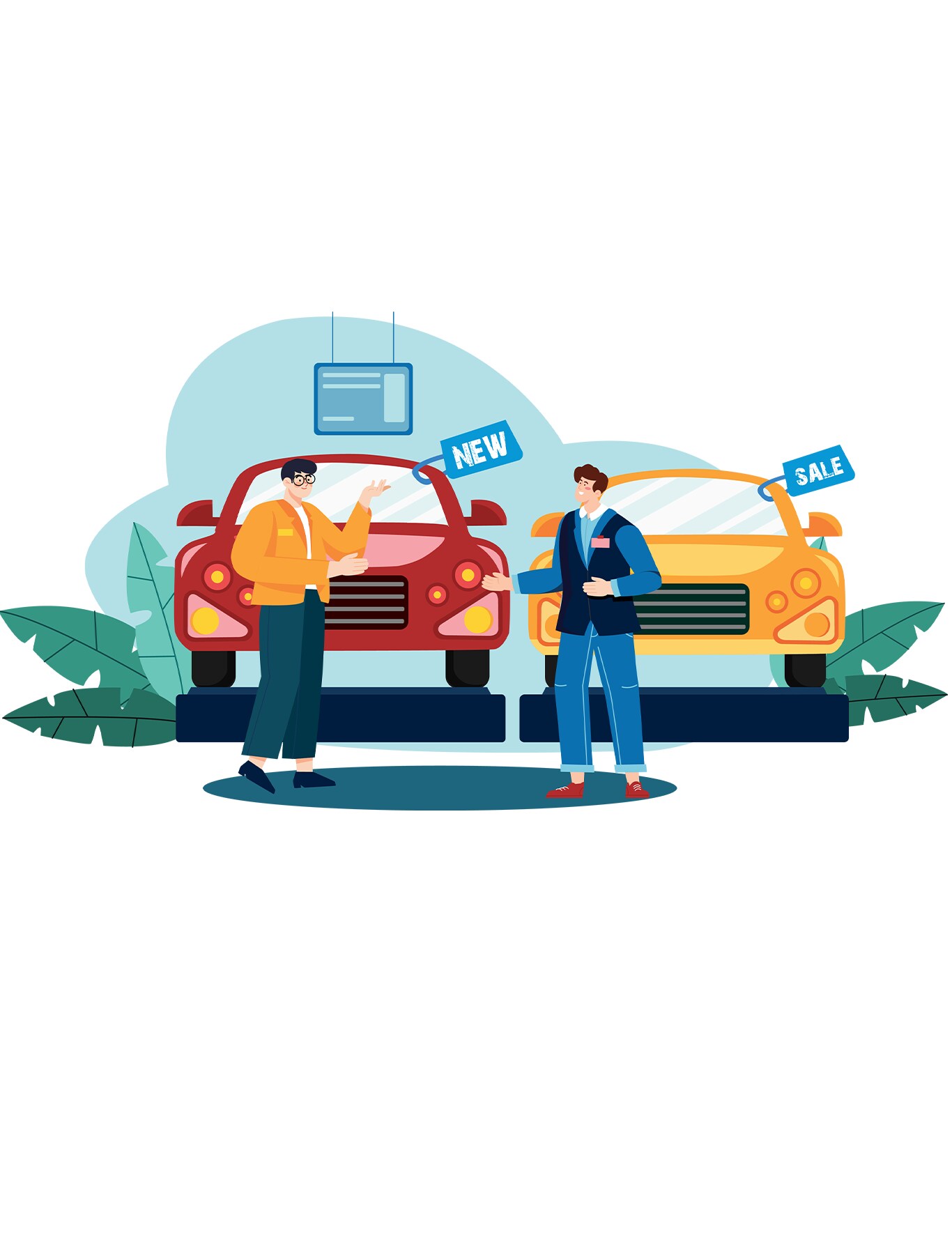 Best Time To Buy At West Broad VW in Richmond, VA | Illustration of sales person talking to his co worker of the new model car in red and the new sale car in the color yellow