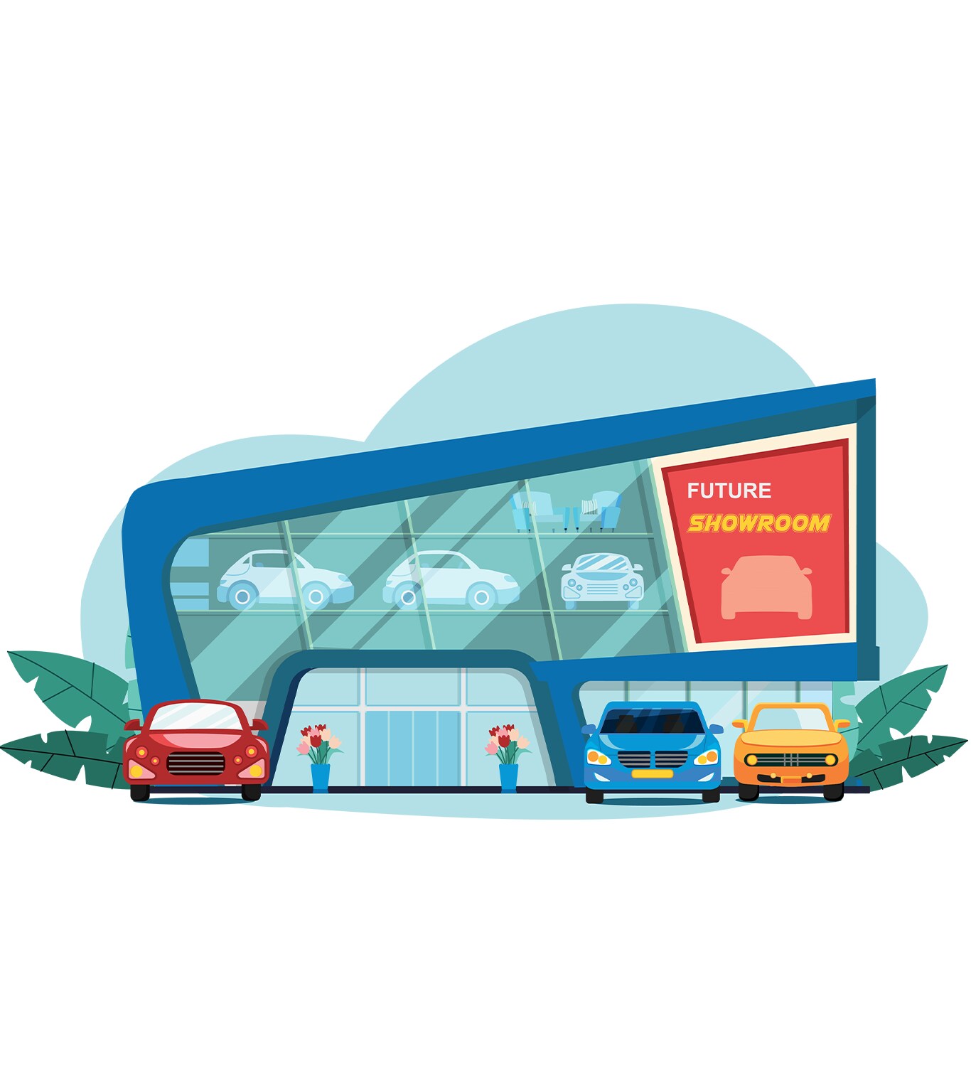 Best Time To Buy At West Broad VW in Richmond, VA | Illustration of car dealership with three different color cars in front (red, blue, and yellow) with a sign saying 'Future Showroom'