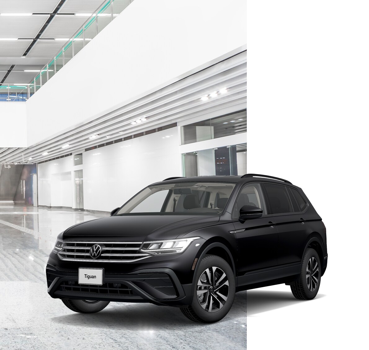 Vehicle Registration Taxes and Fees at West Broad VW in Richmond, VA | Black 2023 Volkswagen Tiguan overlapping an image of dealership interior