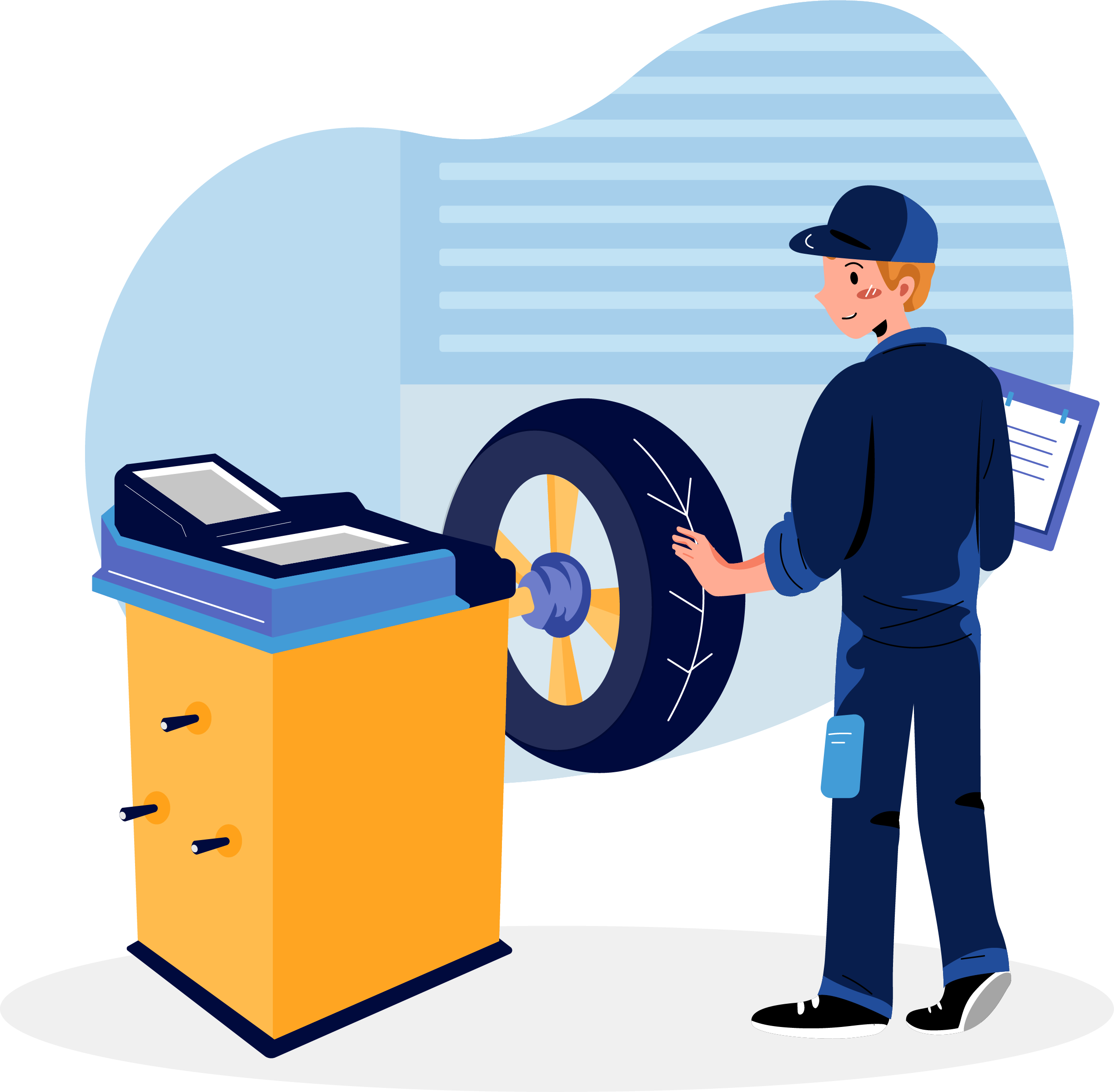 What is a Tire Rotation? at West Broad Volkswagen | Illustration of a Man Instpecting and Rotating a Tire