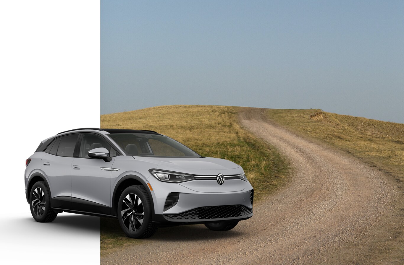 Vehicle Registration Taxes and Fees at West Broad VW in Richmond, VA | Grey 2023 Volkswagen ID.4 overlapping a image of a dirt road on a hill