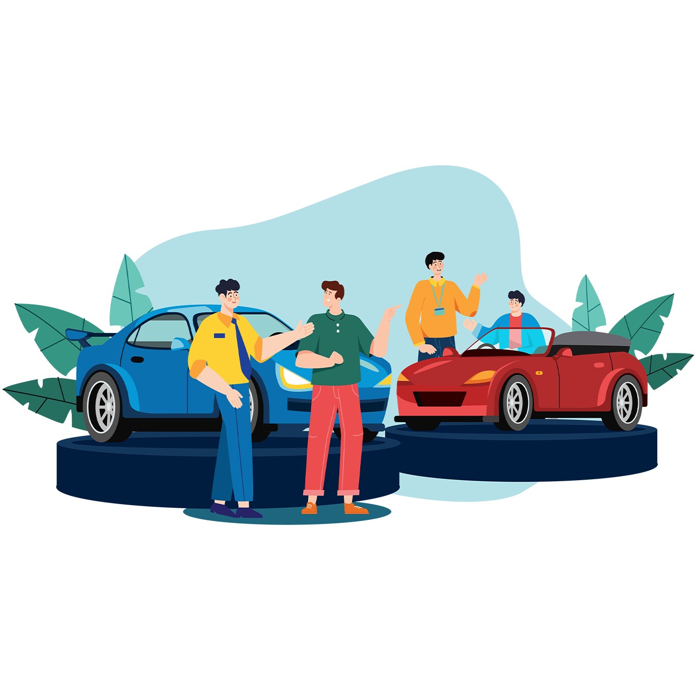 Best Time To Buy At West Broad VW in Richmond, VA | Illustration of Dealer sales people talking to customers looking at red and blue color car